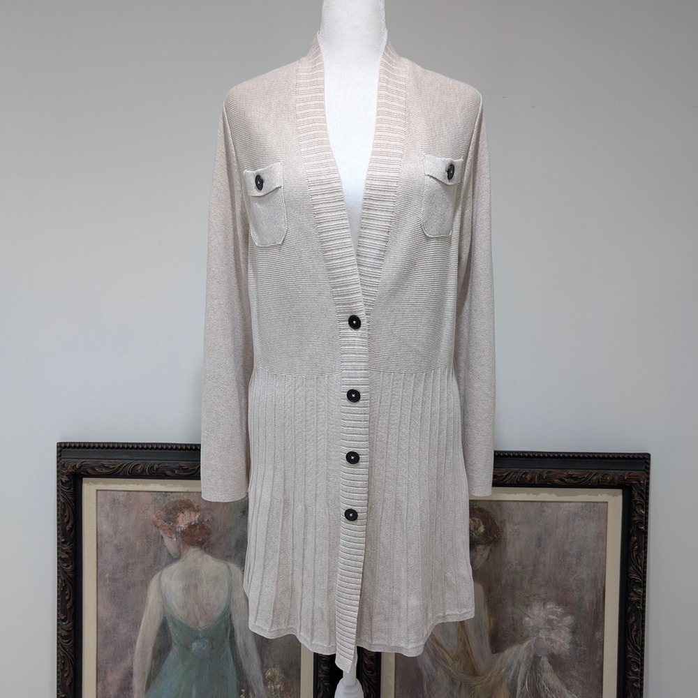 NIC+ZOE Beige Ribbed Knit Button Front Long Sleeve Cardigan Sweater Women L